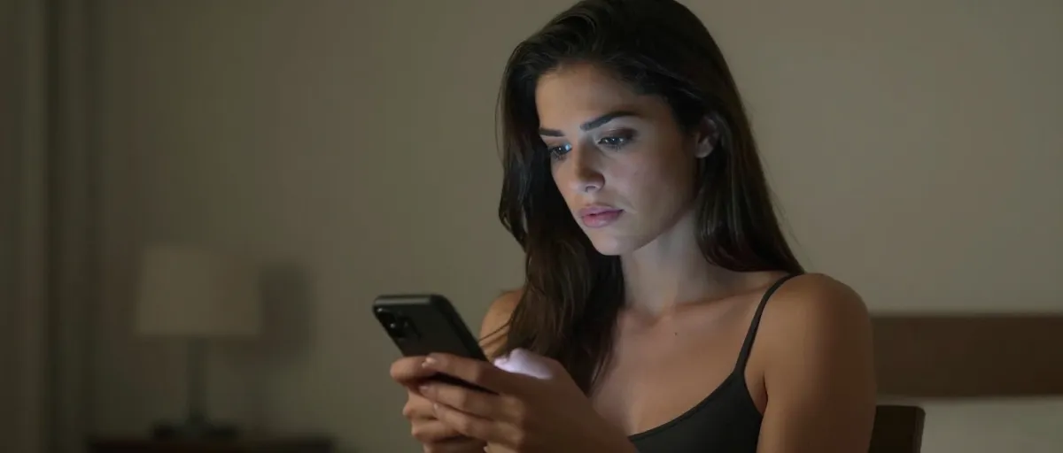 Kvinde ser neutralt på telefon uden at svare